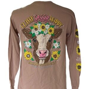 Simply Southern Long Sleeve Cow Sunflower Graphic Tee Shirt Women's Medium Tan
